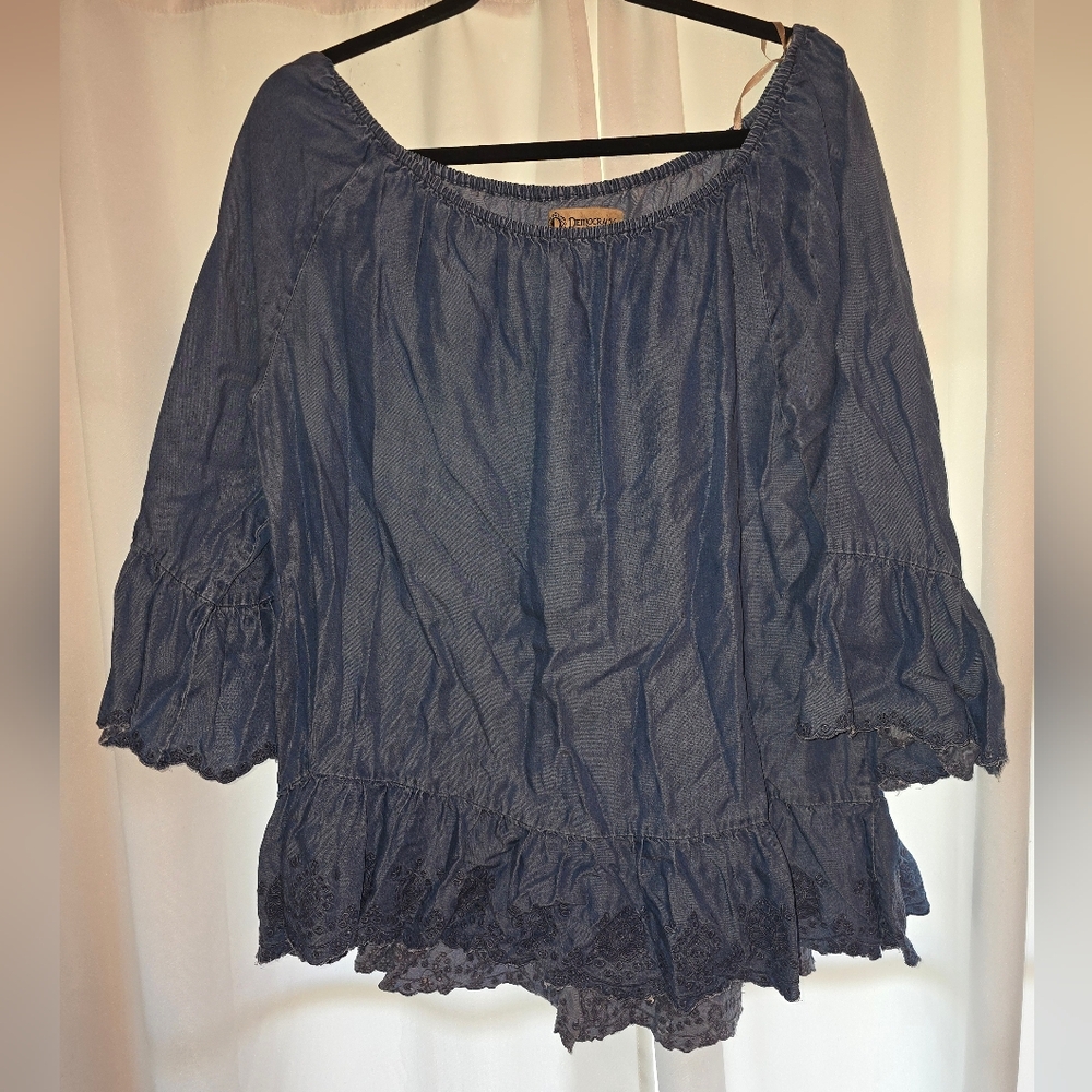 Democracy Blue Ruffled Relaxed Blouse